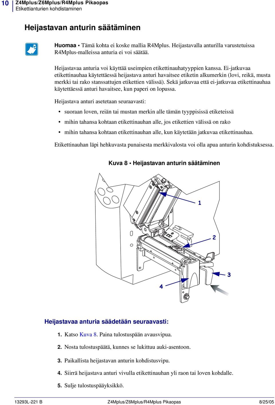 Ei-jatkuvaa etikettinauhaa käytettäessä heijastava anturi havaitsee etiketin alkumerkin (lovi, reikä, musta merkki tai rako stanssattujen etikettien välissä).