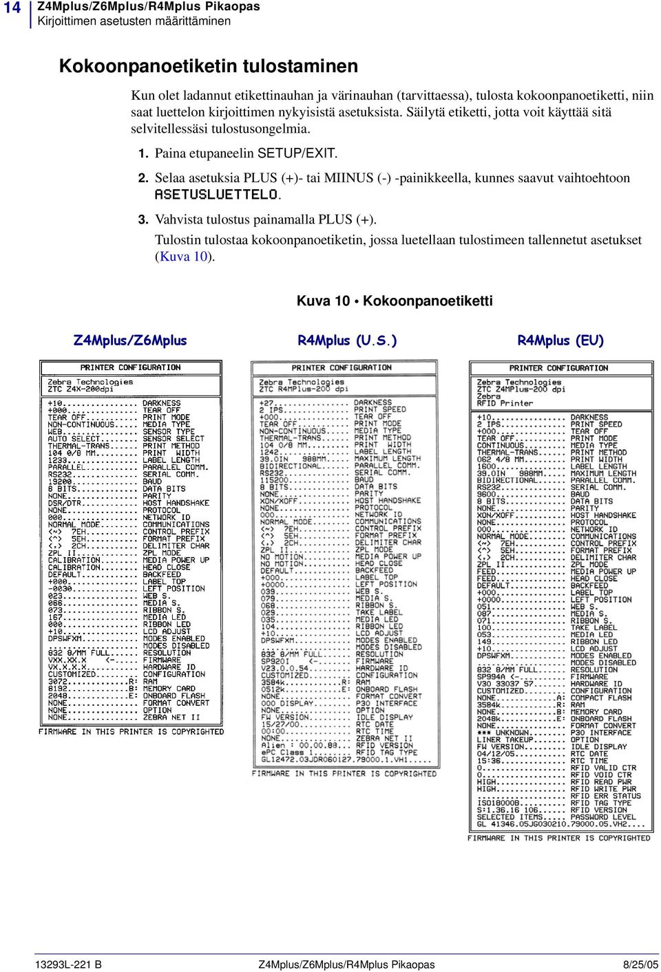 Paina etupaneelin SETUP/EXIT. 2. Selaa asetuksia PLUS (+)- tai MIINUS (-) -painikkeella, kunnes saavut vaihtoehtoon ASETUSLUETTELO. 3. Vahvista tulostus painamalla PLUS (+).