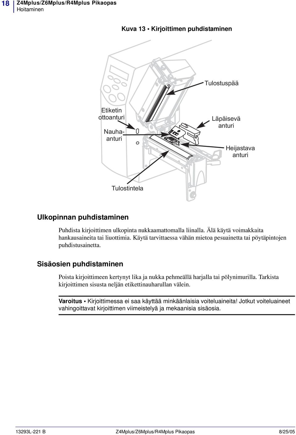 Käytä tarvittaessa vähän mietoa pesuainetta tai pöytäpintojen puhdistusainetta. Sisäosien puhdistaminen Poista kirjoittimeen kertynyt lika ja nukka pehmeällä harjalla tai pölynimurilla.