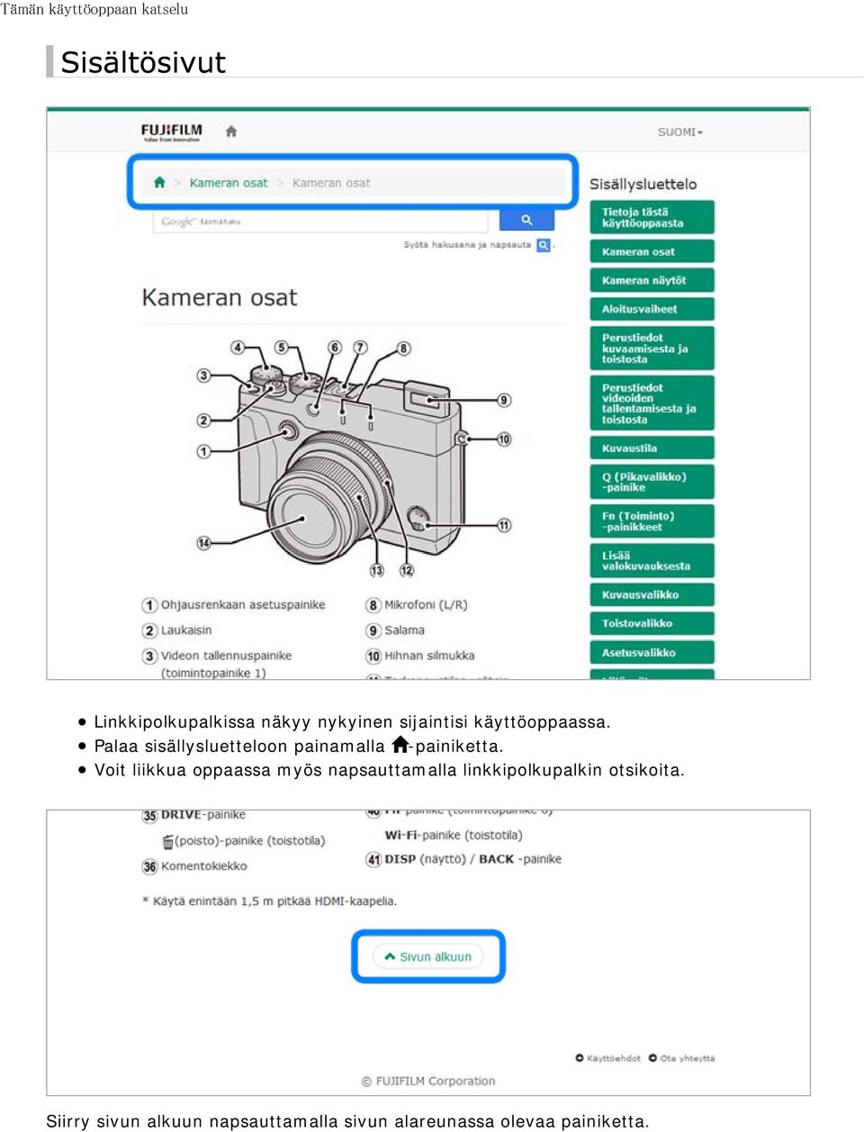 Palaa sisällysluetteloon painamalla -painiketta.