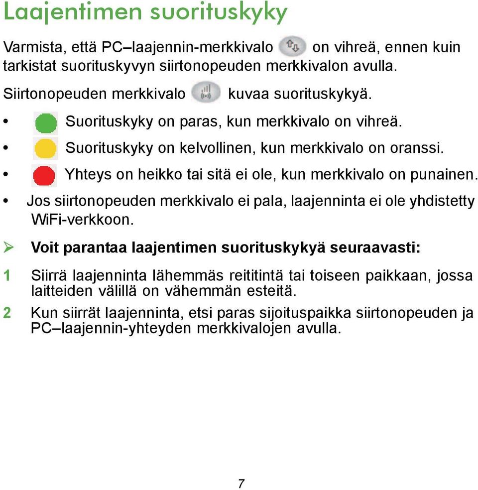 Yhteys on heikko tai sitä ei ole, kun merkkivalo on punainen. Jos siirtonopeuden merkkivalo ei pala, laajenninta ei ole yhdistetty WiFi-verkkoon.