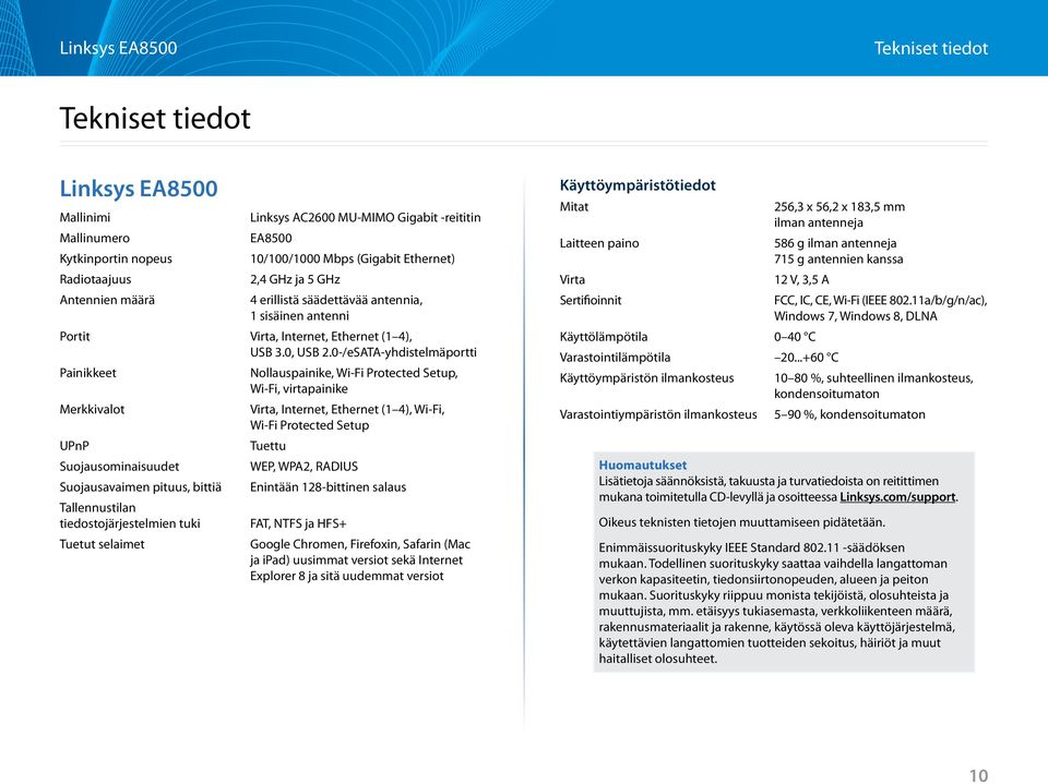 0-/eSATA-yhdistelmäportti Painikkeet Merkkivalot UPnP Suojausominaisuudet Suojausavaimen pituus, bittiä Tallennustilan tiedostojärjestelmien tuki Tuetut selaimet Nollauspainike, Wi-Fi Protected