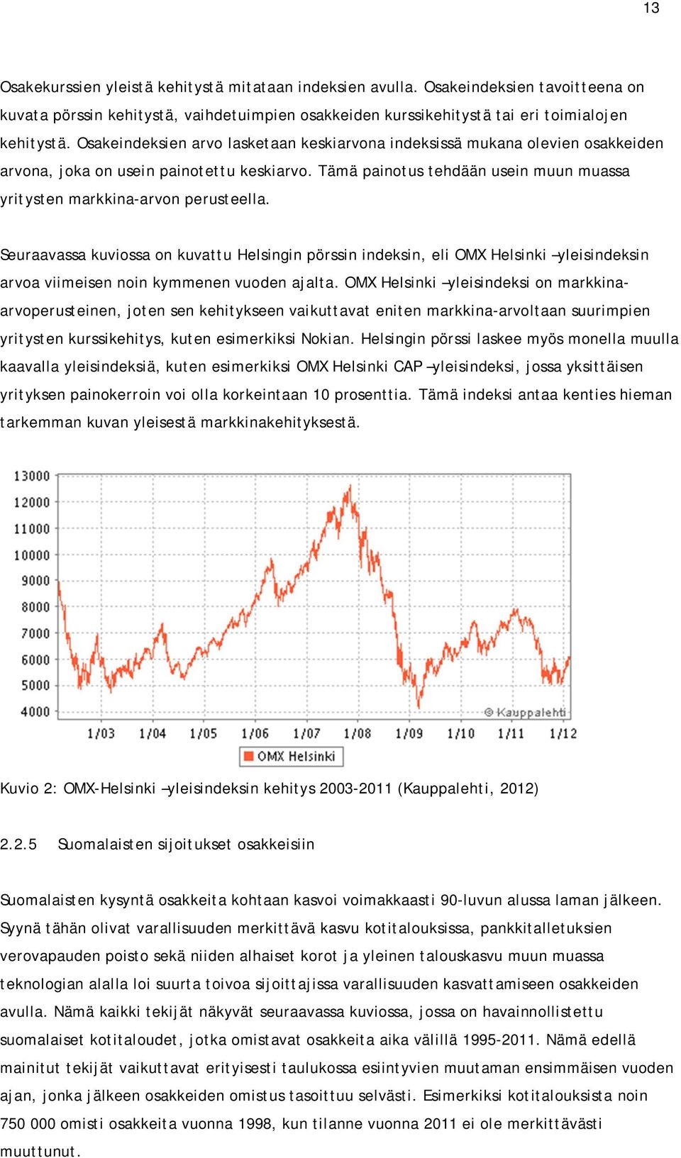 Seuraavassa kuviossa on kuvattu Helsingin pörssin indeksin, eli OMX Helsinki yleisindeksin arvoa viimeisen noin kymmenen vuoden ajalta.