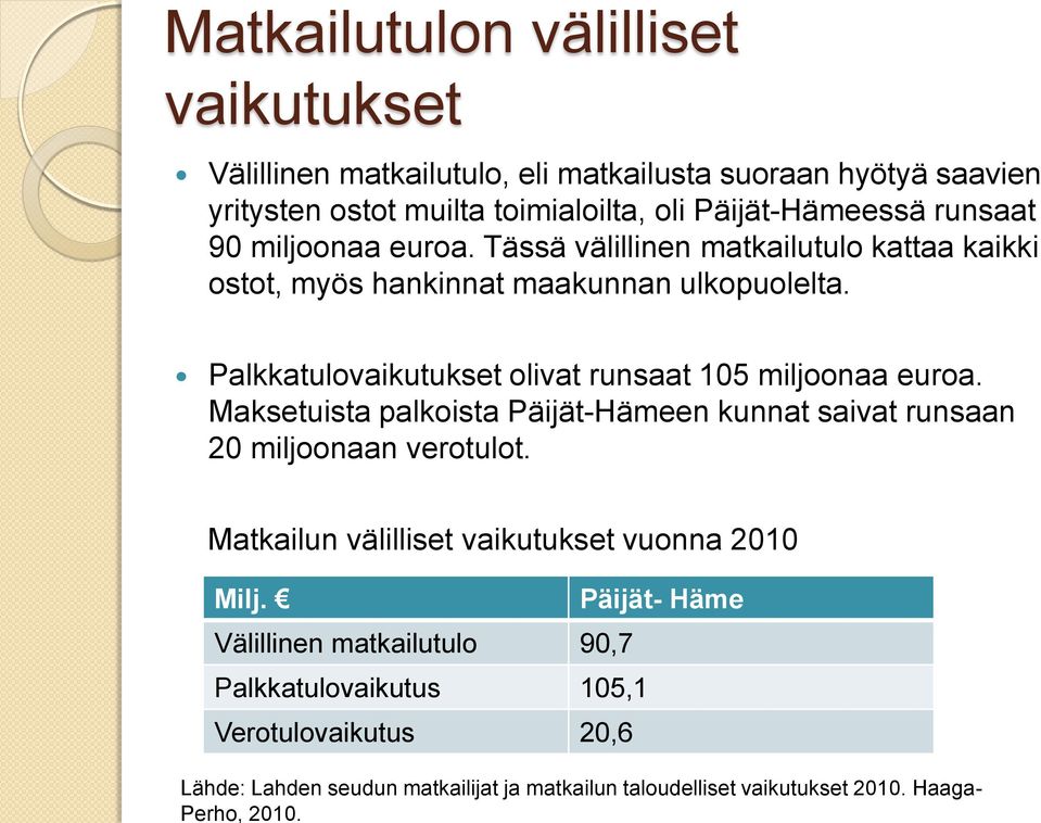 runsaat 90 miljoonaa euroa. Tässä välillinen matkailutulo kattaa kaikki ostot, myös hankinnat maakunnan ulkopuolelta.