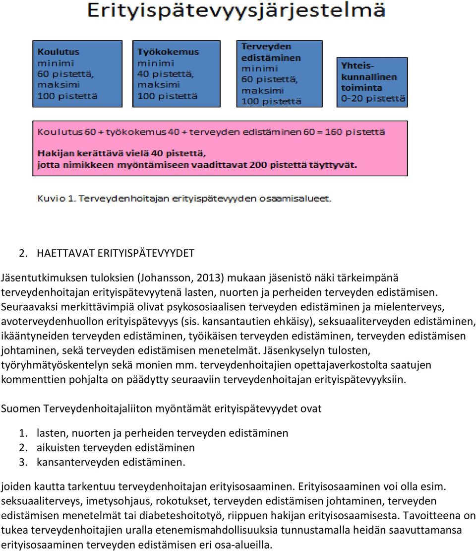 kansantautien ehkäisy), seksuaaliterveyden edistäminen, ikääntyneiden terveyden edistäminen, työikäisen terveyden edistäminen, terveyden edistämisen johtaminen, sekä terveyden edistämisen menetelmät.