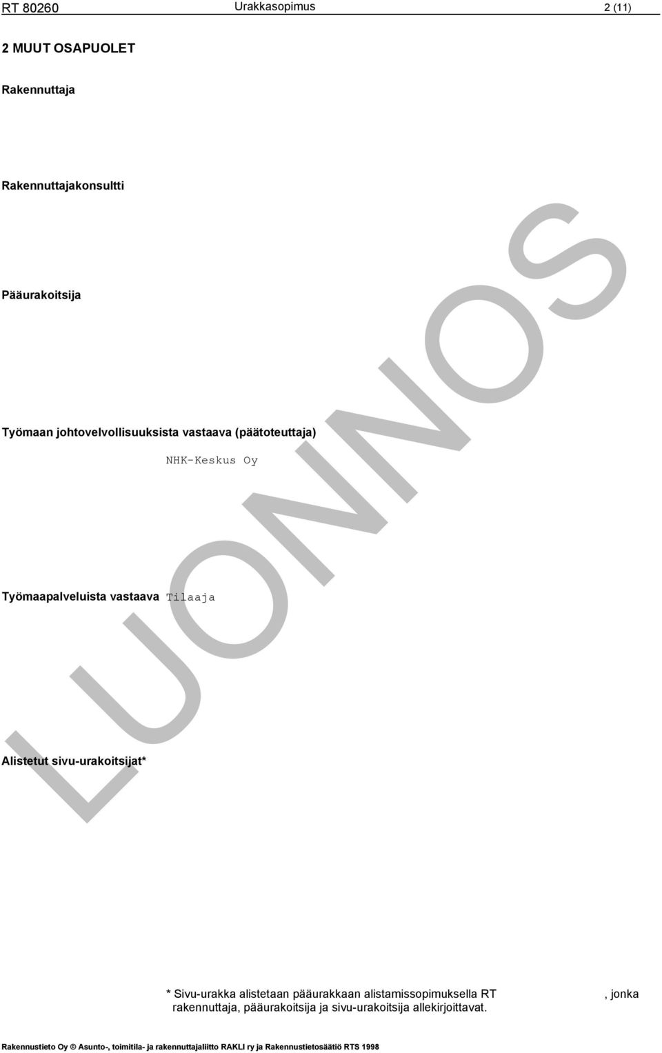 vastaava Tilaaja Alistetut sivu-urakoitsijat* * Sivu-urakka alistetaan pääurakkaan