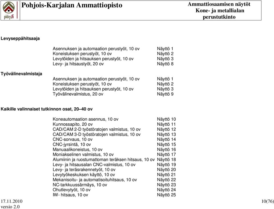 Kaikille valinnaiset tutkinnon osat, 20 40 ov Koneautomaation asennus, 10 ov Näyttö 10 Kunnossapito, 20 ov Näyttö 11 CAD/CAM 2-D työstöratojen valmistus, 10 ov Näyttö 12 CAD/CAM 3-D työstöratojen