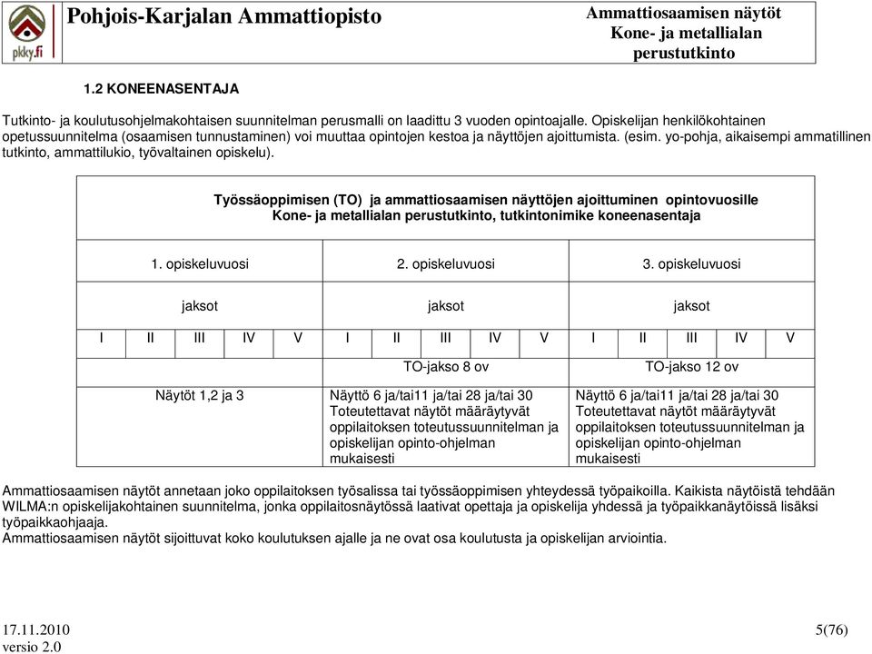 yo-pohja, aikaisempi ammatillinen tutkinto, ammattilukio, työvaltainen opiskelu). Työssäoppimisen (TO) ja ammattiosaamisen näyttöjen ajoittuminen opintovuosille, tutkintonimike koneenasentaja 1.