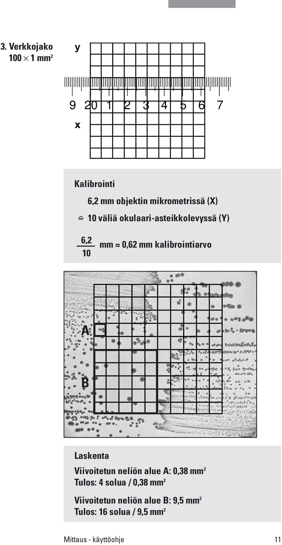 kalibrointiarvo A B Laskenta Viivoitetun neliön alue A: 0,38 mm 2 Tulos: 4 solua /