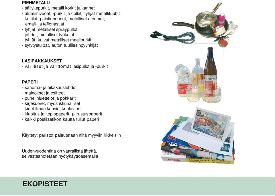-purkit PAPERI - sanoma- ja aikakauslehdet - mainokset ja esitteet - puhelinluettelot ja pokkarit - kirjekuoret, myös ikkunalliset - kirjat ilman kansia, kouluvihot - kirjoitus ja kopiopaperit,