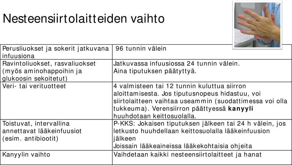 4 valmisteen tai 12 tunnin kuluttua siirron aloittamisesta. Jos tiputusnopeus hidastuu, voi siirtolaitteen vaihtaa useammin (suodattimessa voi olla tukkeuma).