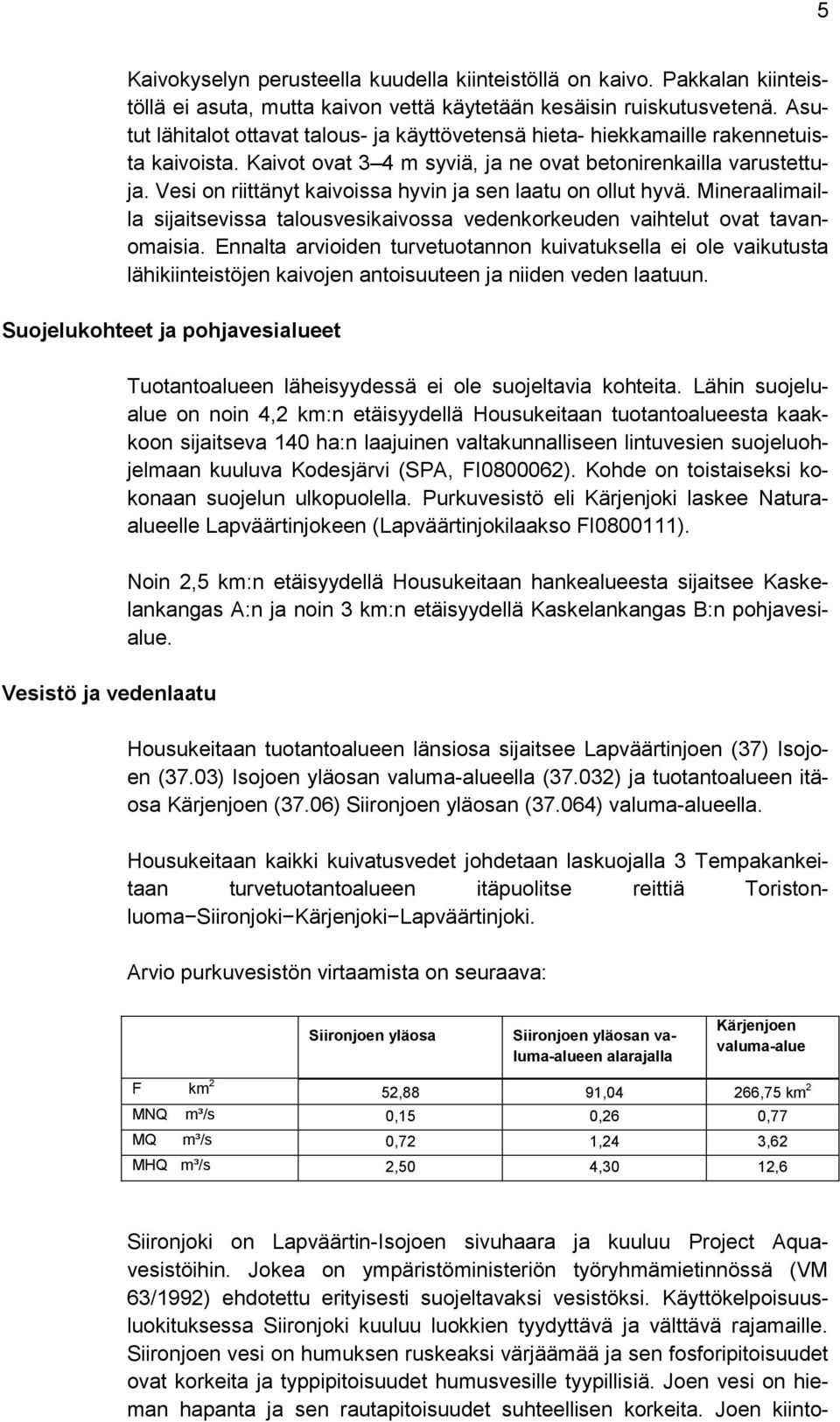 Vesi on riittänyt kaivoissa hyvin ja sen laatu on ollut hyvä. Mineraalimailla sijaitsevissa talousvesikaivossa vedenkorkeuden vaihtelut ovat tavanomaisia.