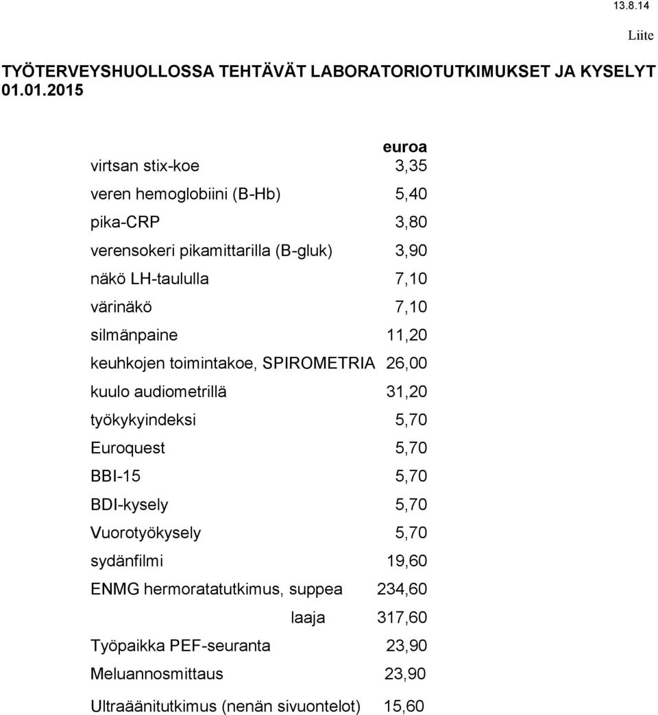 LH-taululla 7,10 värinäkö 7,10 silmänpaine 11,20 keuhkojen toimintakoe, SPIROMETRIA 26,00 kuulo audiometrillä 31,20 työkykyindeksi 5,70