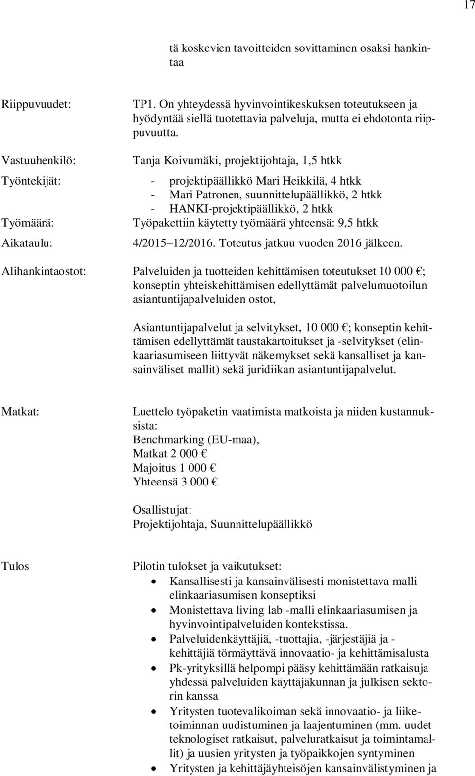 Vastuuhenkilö: Tanja Koivumäki, projektijohtaja, 1,5 htkk Työntekijät: - projektipäällikkö Mari Heikkilä, 4 htkk - Mari Patronen, suunnittelupäällikkö, 2 htkk - HANKI-projektipäällikkö, 2 htkk