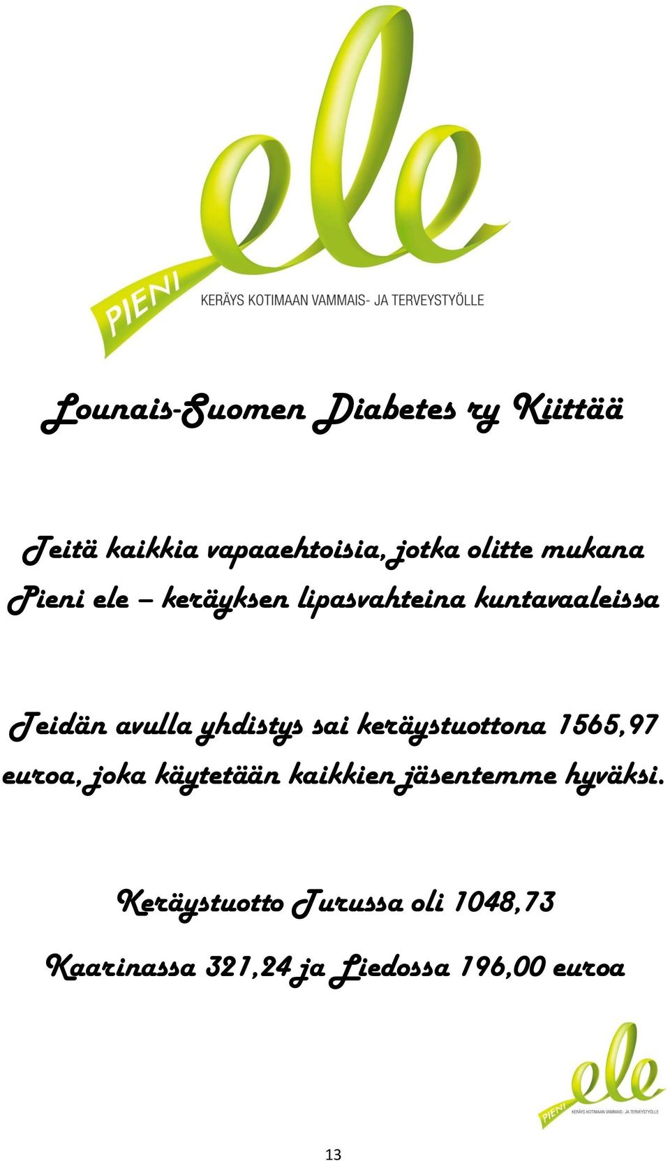 yhdistys sai keräystuottona 1565,97 euroa, joka käytetään kaikkien jäsentemme