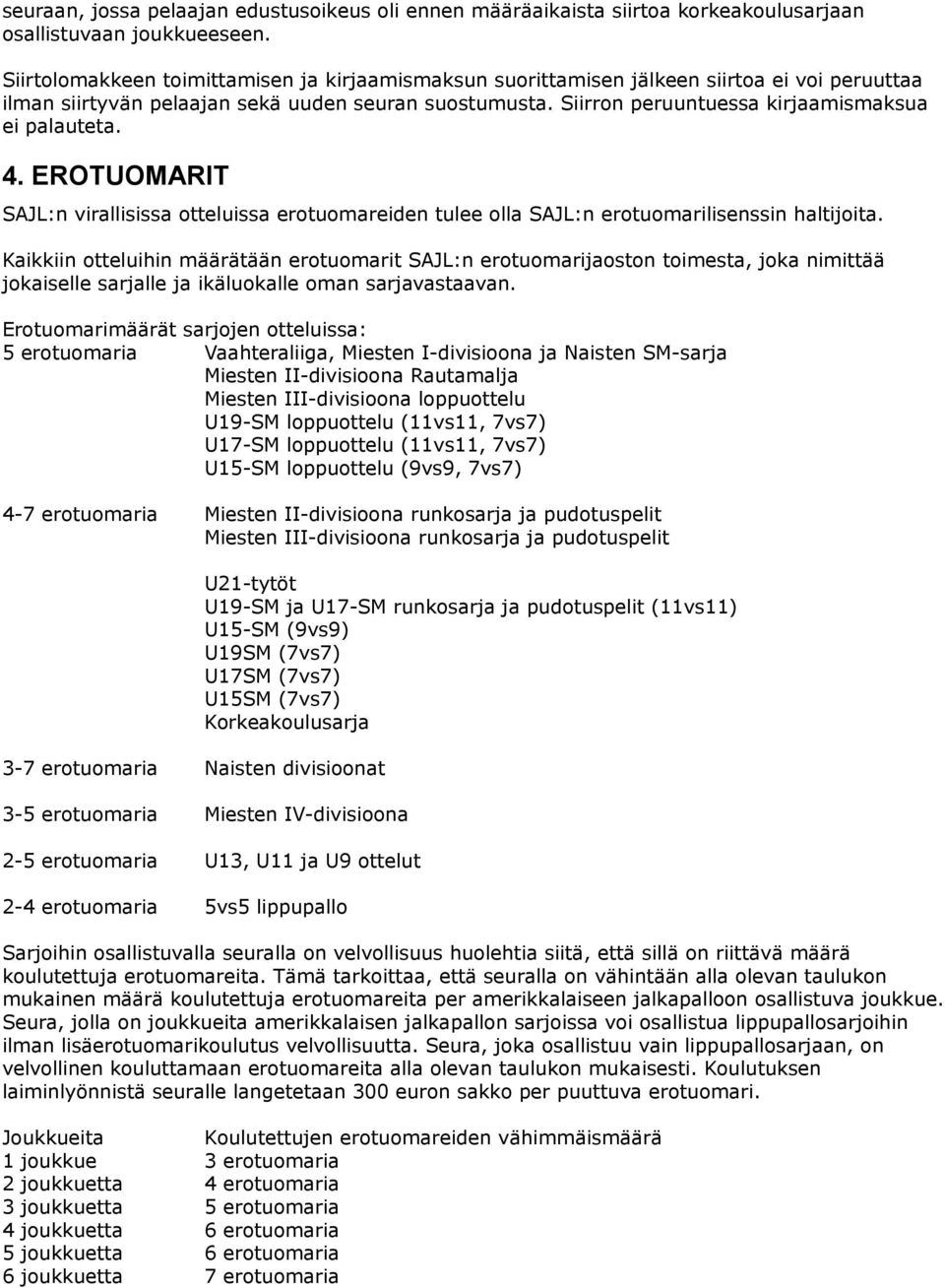 Siirron peruuntuessa kirjaamismaksua ei palauteta. 4. EROTUOMARIT SAJL:n virallisissa otteluissa erotuomareiden tulee olla SAJL:n erotuomarilisenssin haltijoita.