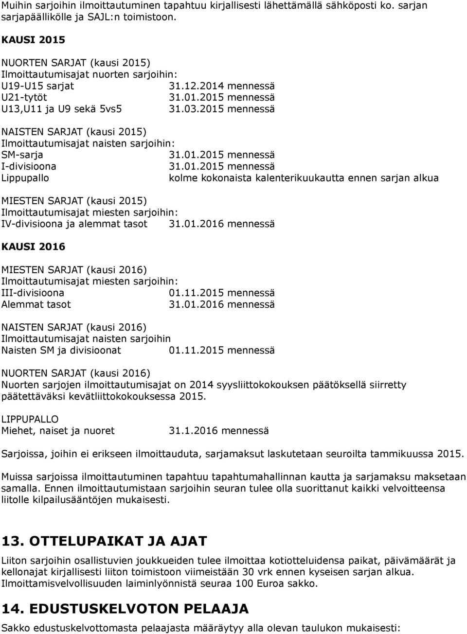 2015 mennessä NAISTEN SARJAT (kausi 2015) Ilmoittautumisajat naisten sarjoihin: SM-sarja 31.01.2015 mennessä I-divisioona 31.01.2015 mennessä Lippupallo kolme kokonaista kalenterikuukautta ennen sarjan alkua MIESTEN SARJAT (kausi 2015) Ilmoittautumisajat miesten sarjoihin: IV-divisioona ja alemmat tasot 31.