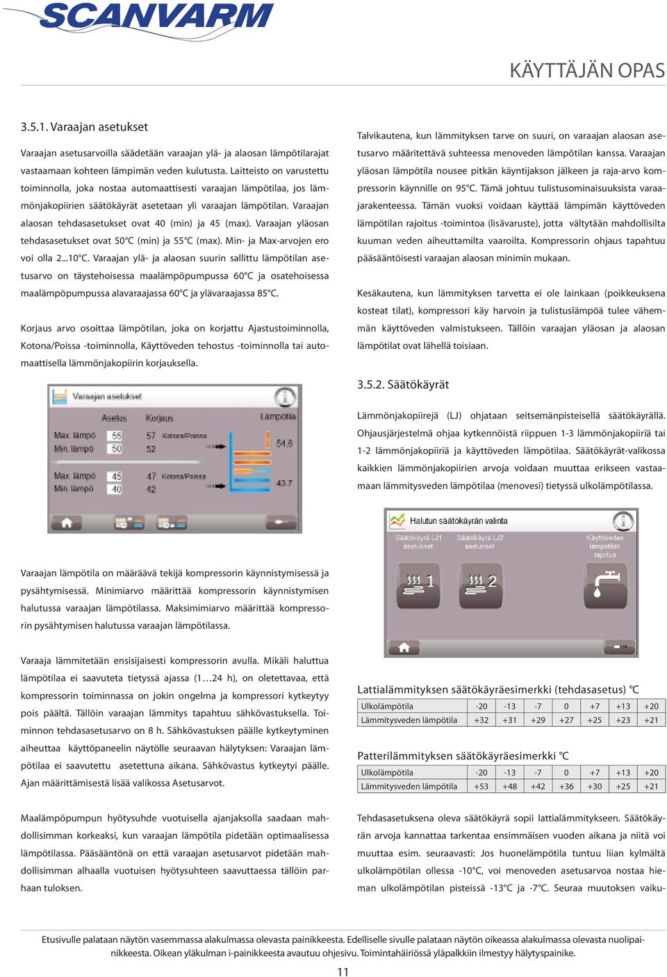 Varaajan alaosan tehdasasetukset ovat 40 (min) ja 45 (max). Varaajan yläosan tehdasasetukset ovat 50 C (min) ja 55 C (max). Min- ja Max-arvojen ero voi olla 2...10 C.