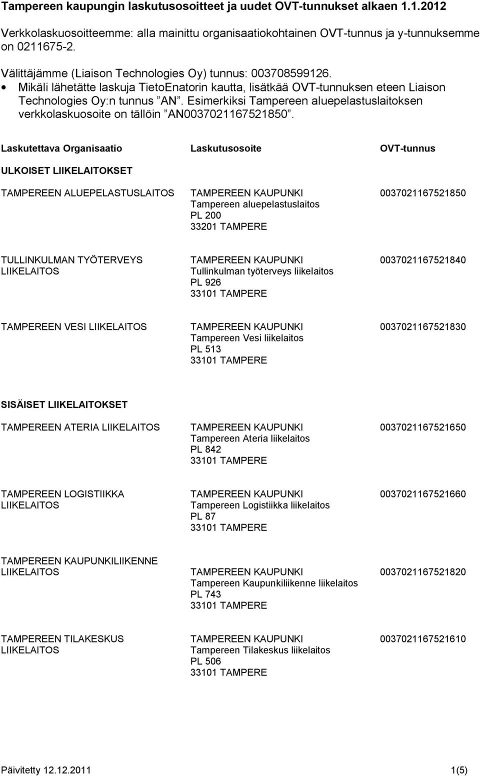 Esimerkiksi Tampereen aluepelastuslaitoksen verkkolaskuosoite on tällöin AN0037021167521850.