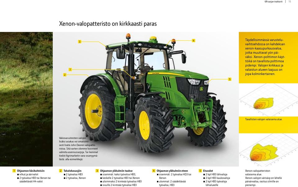 Vakiovarusteisten valojen lisäksi asiakas voi omatoimisesti lisätä John Deeren valopatteristoa. Sitä varten olemme koonneet valmiita asennussarjoja. Tar-kemmat tiedot Agrimarketin vara-osamyymälästä.