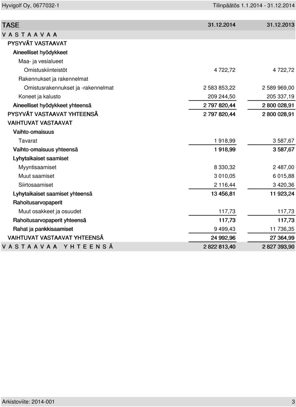 2013 VASTAAVAA PYSYVÄT VASTAAVAT Aineelliset hyödykkeet Maa- ja vesialueet Omistuskiinteistöt 4 722,72 4 722,72 Rakennukset ja rakennelmat Omistusrakennukset ja -rakennelmat 2 583 853,22 2 589 969,00