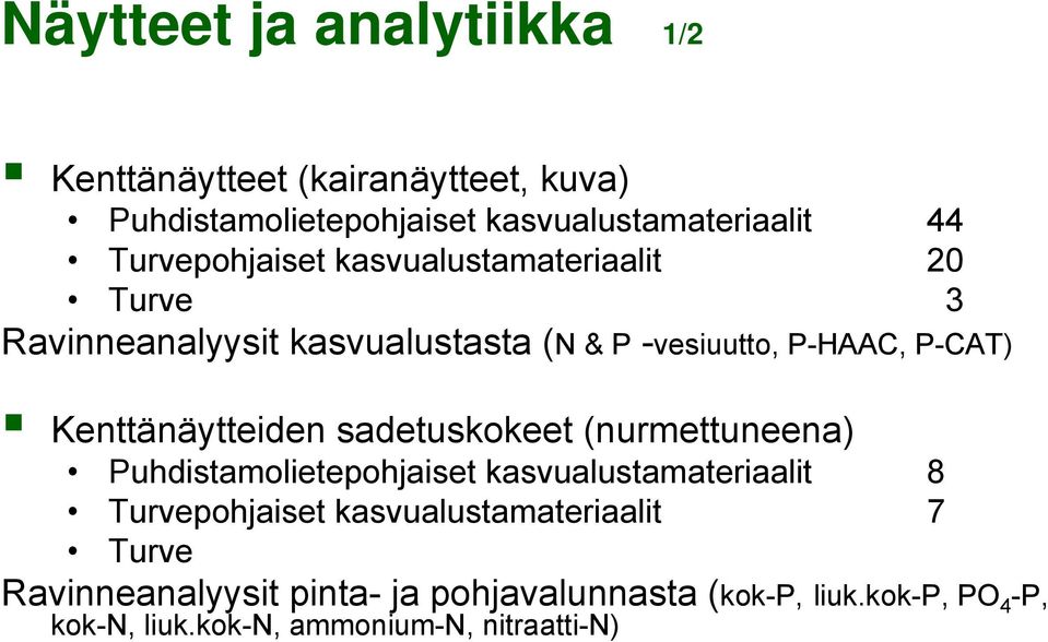 Kenttänäytteiden sadetuskokeet (nurmettuneena) Puhdistamolietepohjaiset kasvualustamateriaalit 8 Turvepohjaiset