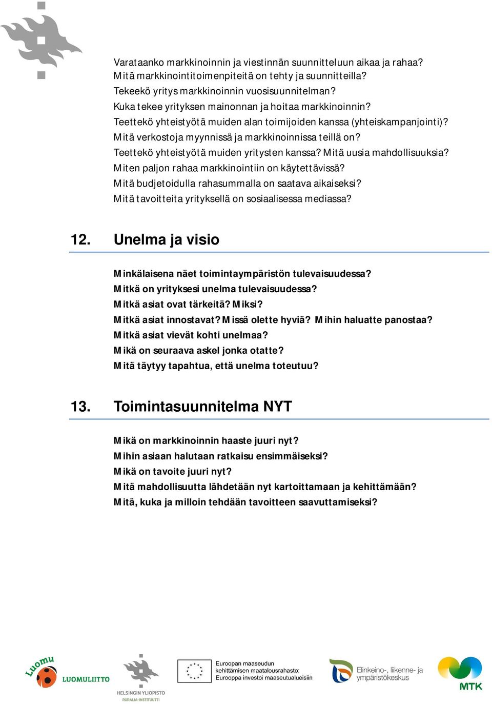 Teettekö yhteistyötä muiden yritysten kanssa? Mitä uusia mahdollisuuksia? Miten paljon rahaa markkinointiin on käytettävissä? Mitä budjetoidulla rahasummalla on saatava aikaiseksi?