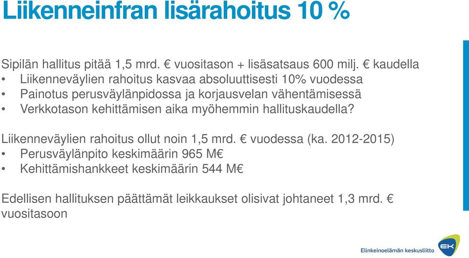 vähentämisessä Verkkotason kehittämisen aika myöhemmin hallituskaudella? Liikenneväylien rahoitus ollut noin 1,5 mrd.