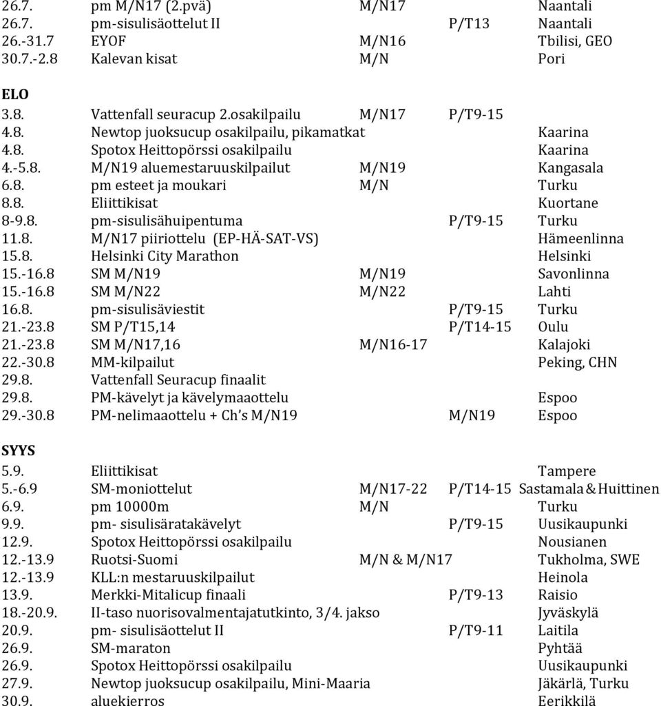 8. Eliittikisat Kuortane 8-9.8. pm-sisulisähuipentuma P/T9-15 Turku 11.8. M/N17 piiriottelu (EP-HÄ-SAT-VS) Hämeenlinna 15.8. Helsinki City Marathon Helsinki 15.-16.8 SM M/N19 M/N19 Savonlinna 15.-16.8 SM M/N22 M/N22 Lahti 16.