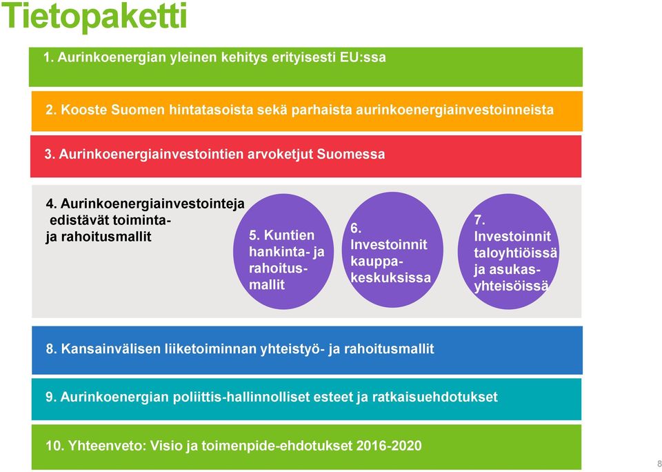 Kuntien hankinta- ja rahoitusmallit 6. Investoinnit kauppakeskuksissa 7. Investoinnit taloyhtiöissä ja asukasyhteisöissä 8.