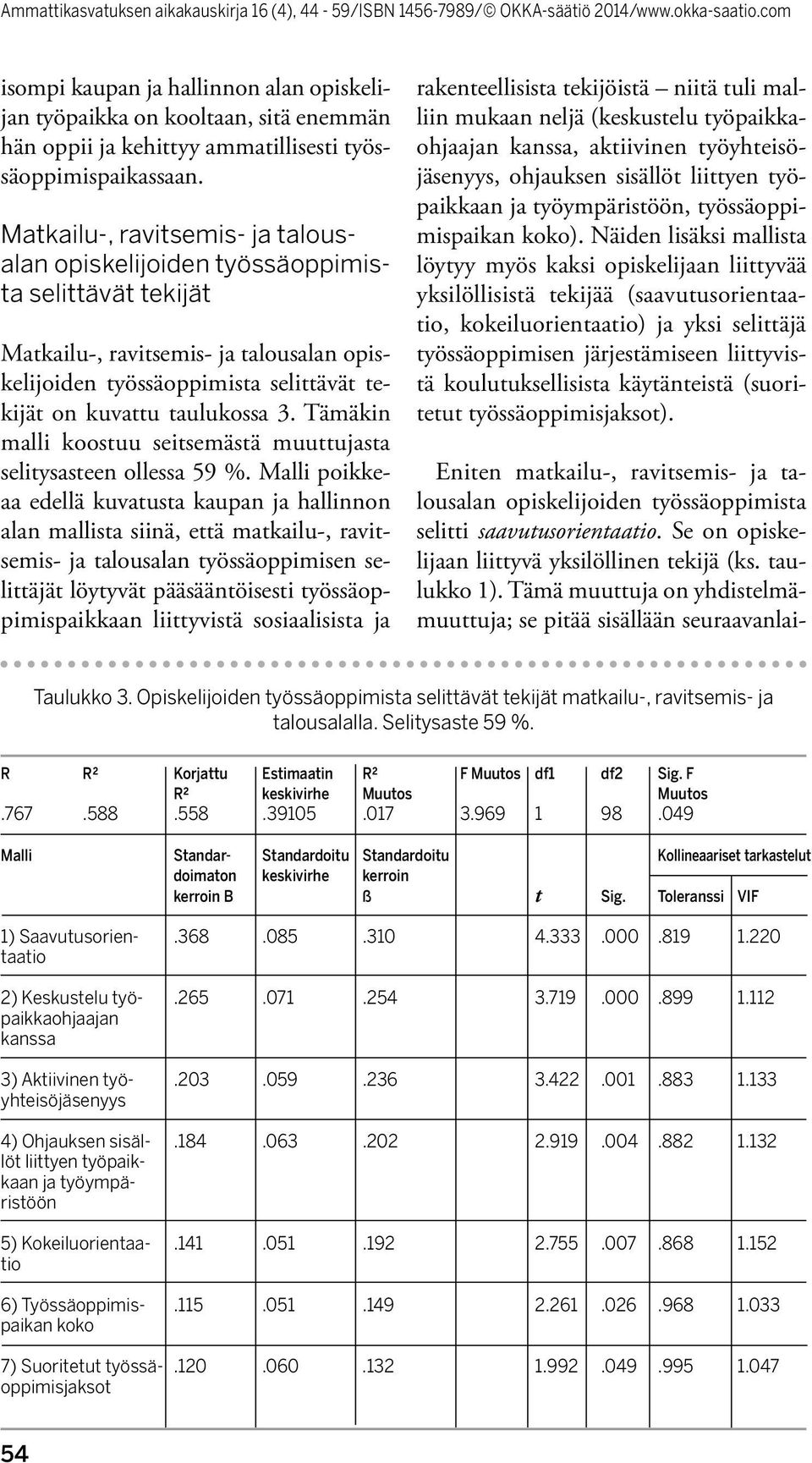 Tämäkin malli koostuu seitsemästä muuttujasta selitysasteen ollessa 59 %.