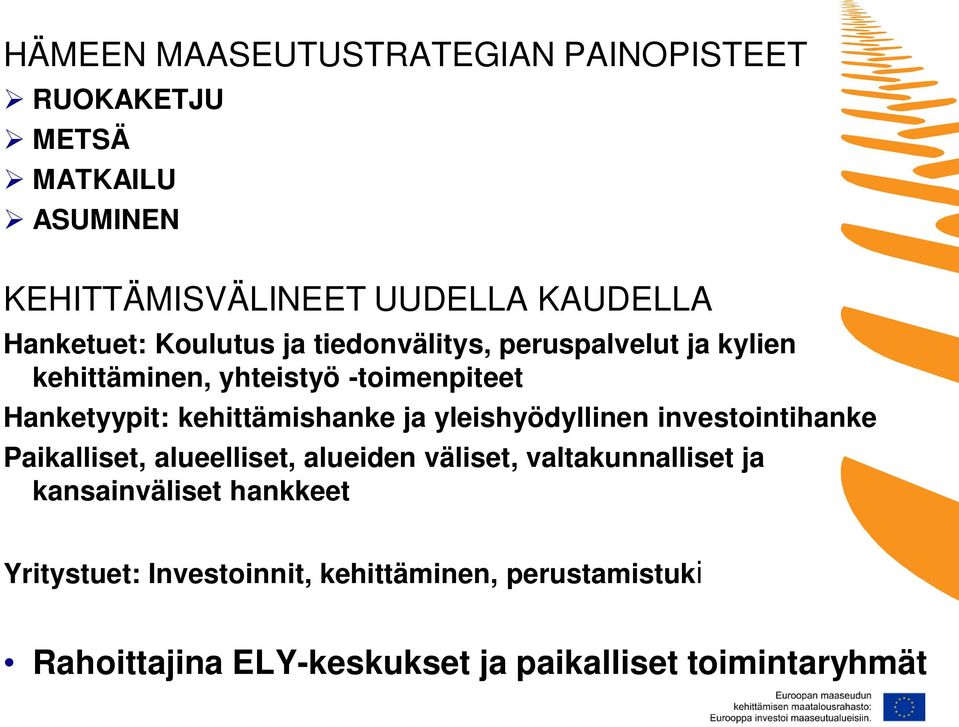 kehittämishanke ja yleishyödyllinen investointihanke Paikalliset, alueelliset, alueiden väliset, valtakunnalliset ja