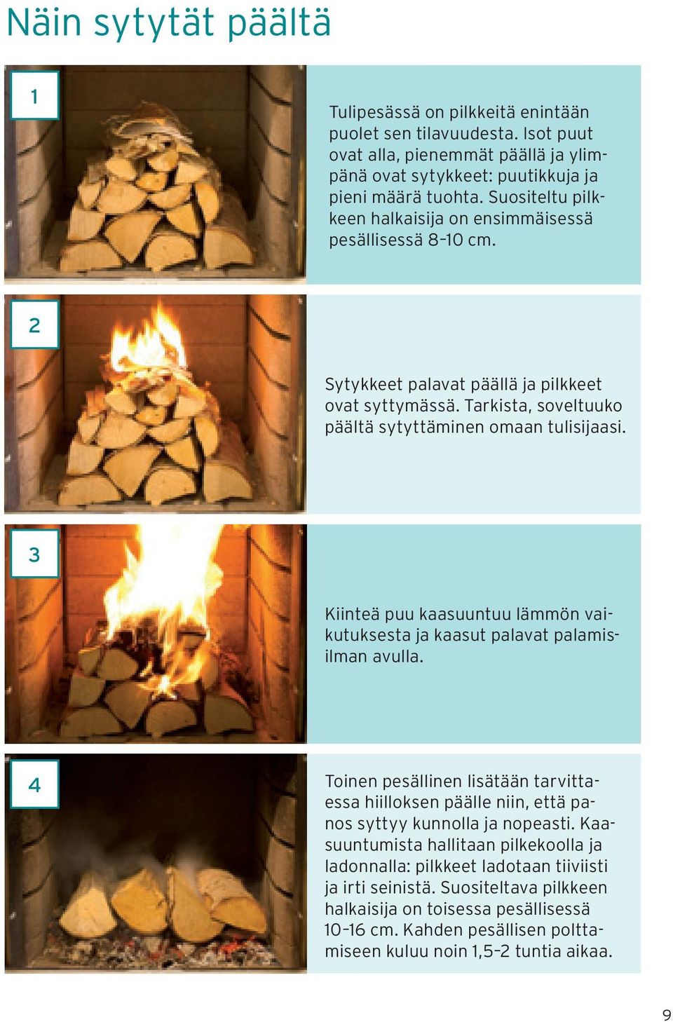 3 Kiinteä puu kaasuuntuu lämmön vaikutuksesta ja kaasut palavat palamisilman avulla. 4 Toinen pesällinen lisätään tarvittaessa hiilloksen päälle niin, että panos syttyy kunnolla ja nopeasti.