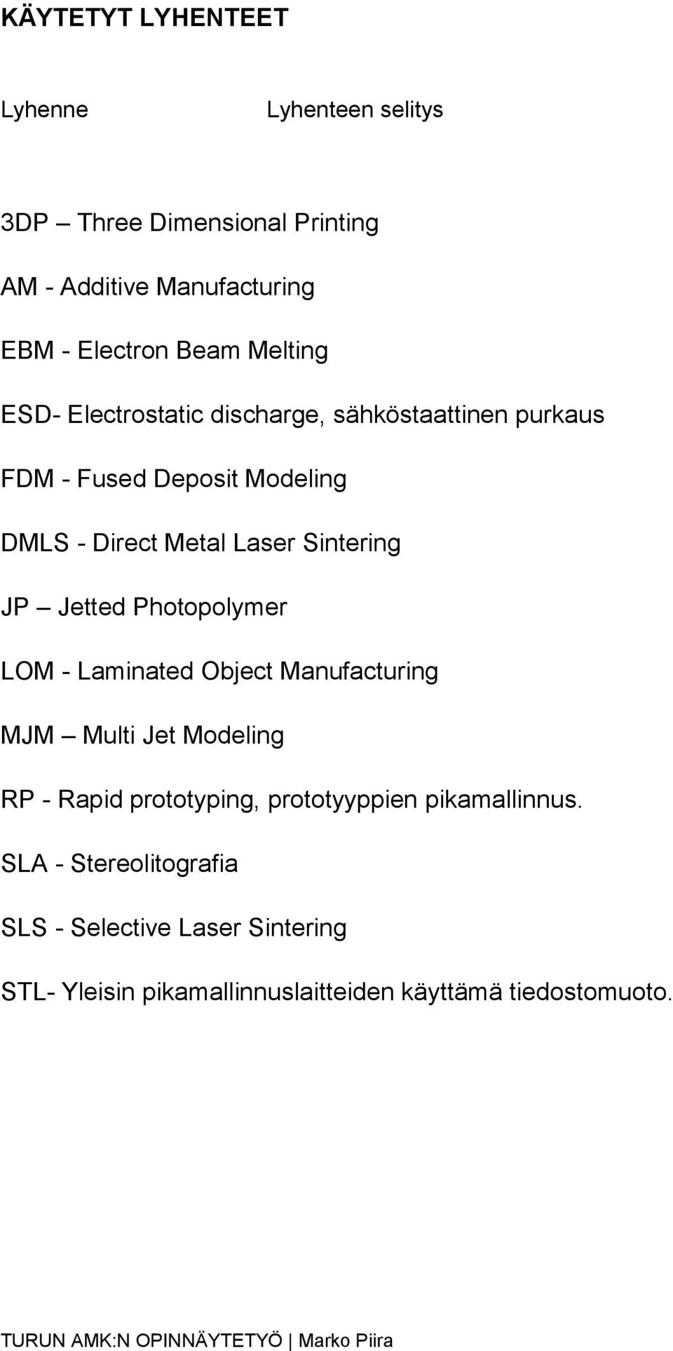 Sintering JP Jetted Photopolymer LOM - Laminated Object Manufacturing MJM Multi Jet Modeling RP - Rapid prototyping,
