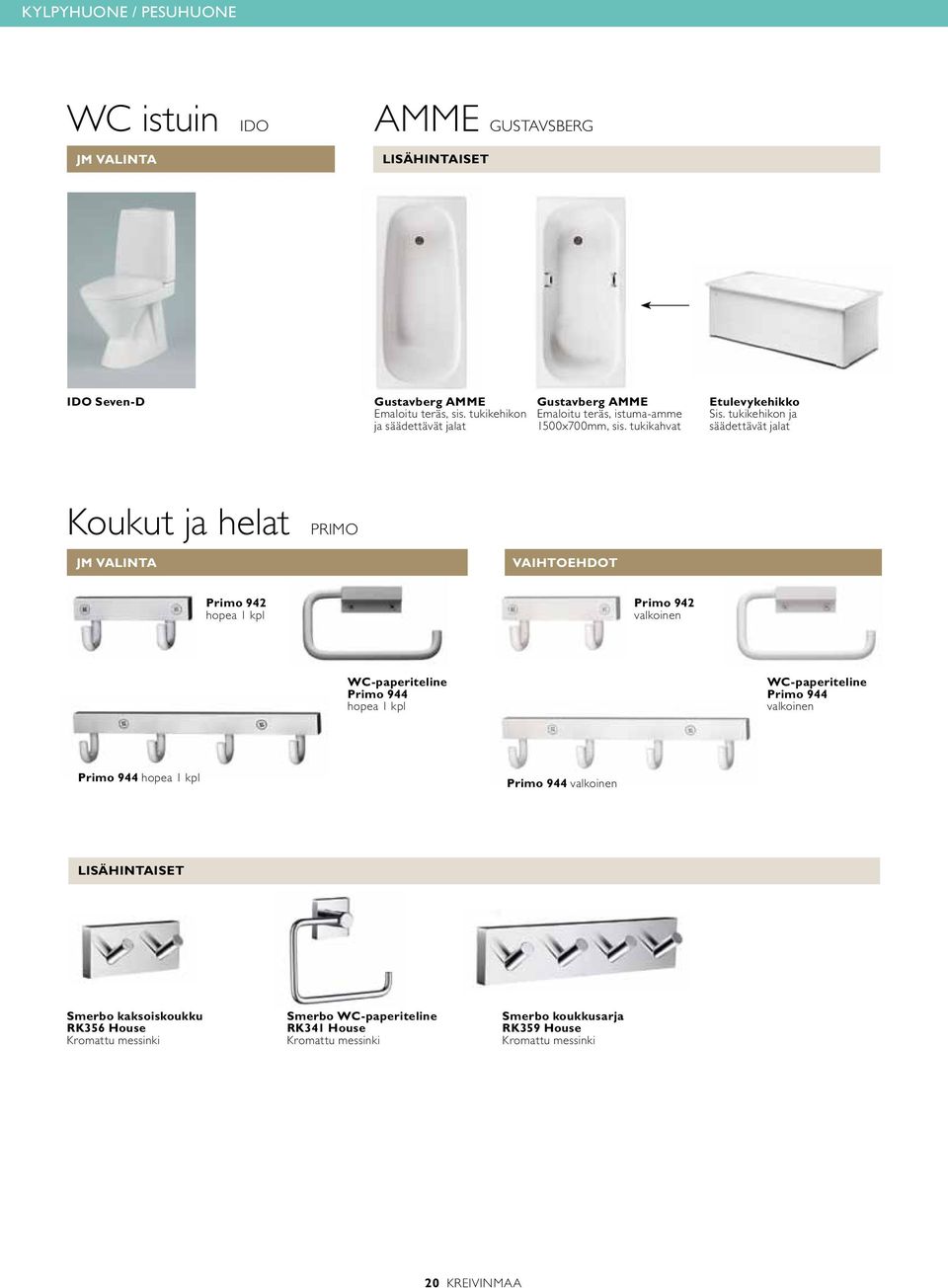 tukikehikon ja säädettävät jalat Koukut ja helat PRIMO VAIHTOEHDOT Primo 942 hopea 1 kpl Primo 942 valkoinen WC-paperiteline Primo 944 hopea 1 kpl