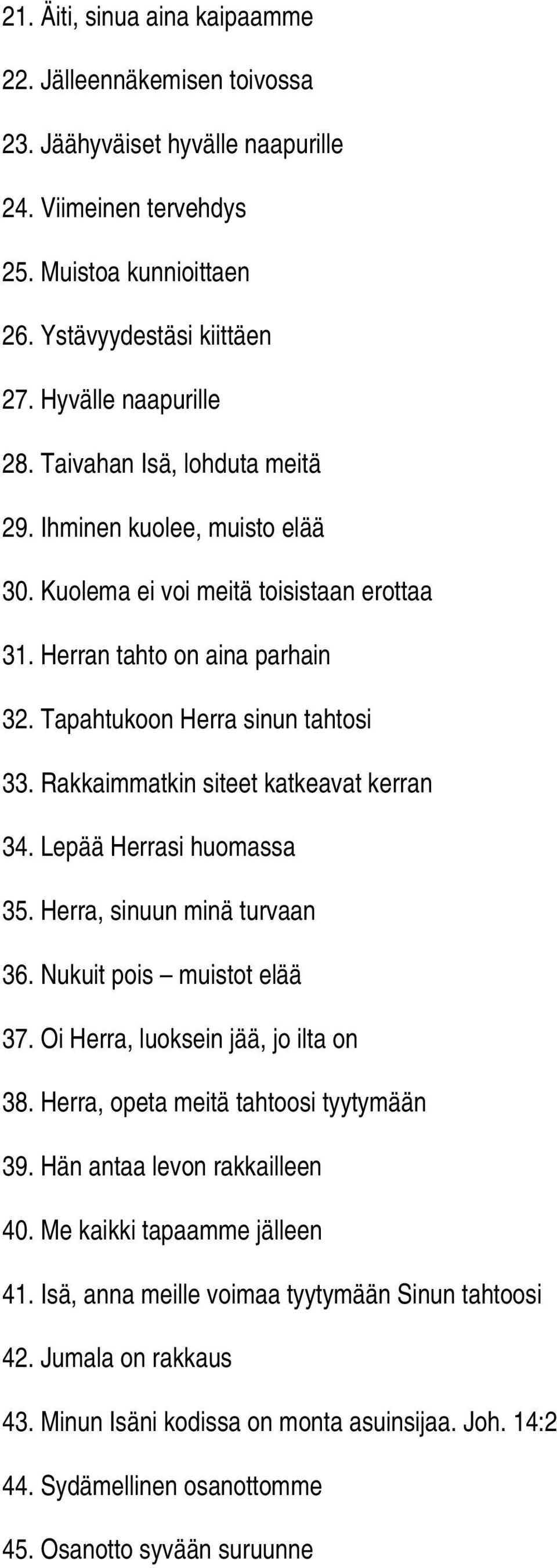 Rakkaimmatkin siteet katkeavat kerran 34. Lepää Herrasi huomassa 35. Herra, sinuun minä turvaan 36. Nukuit pois muistot elää 37. Oi Herra, luoksein jää, jo ilta on 38.