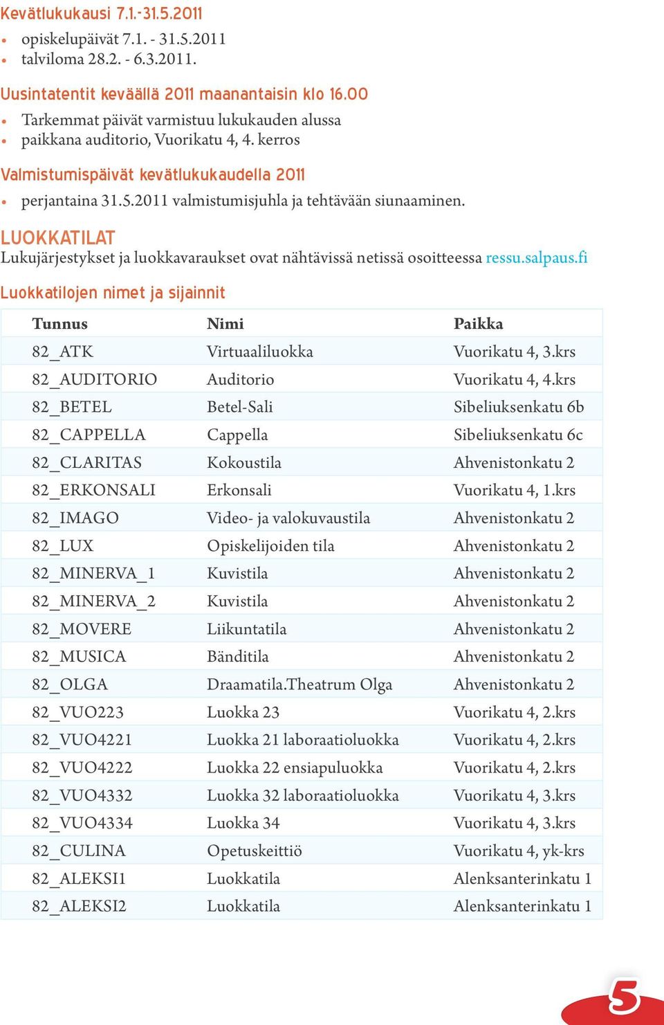 Luokkatilat Lukujärjestykset ja luokkavaraukset ovat nähtävissä netissä osoitteessa ressu.salpaus.fi Luokkatilojen nimet ja sijainnit Tunnus Nimi Paikka 82_ATK Virtuaaliluokka Vuorikatu 4, 3.
