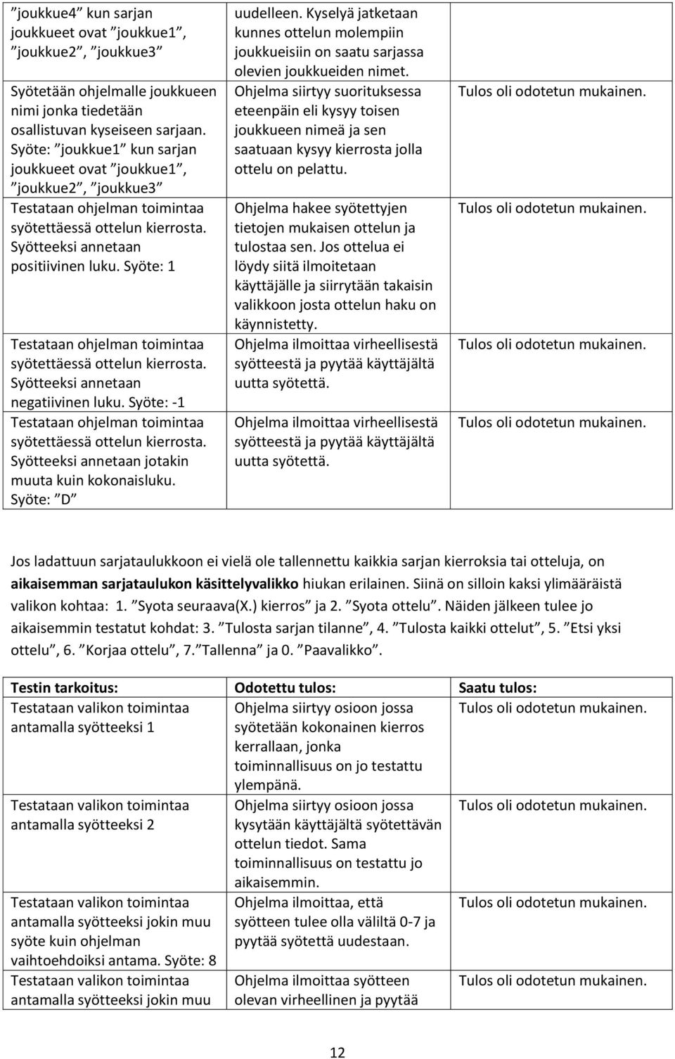 Syöte: 1 Testataan ohjelman toimintaa syötettäessä ottelun kierrosta. Syötteeksi annetaan negatiivinen luku. Syöte: -1 Testataan ohjelman toimintaa syötettäessä ottelun kierrosta.