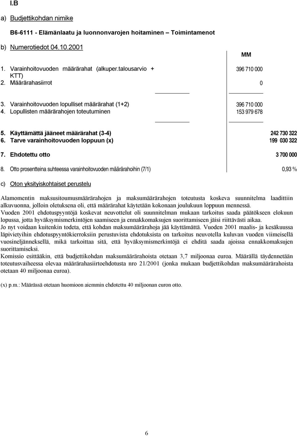 Tarve varainhoitovuoden loppuun (x) 199 030 322 7. Ehdotettu otto 3 700 000 8.