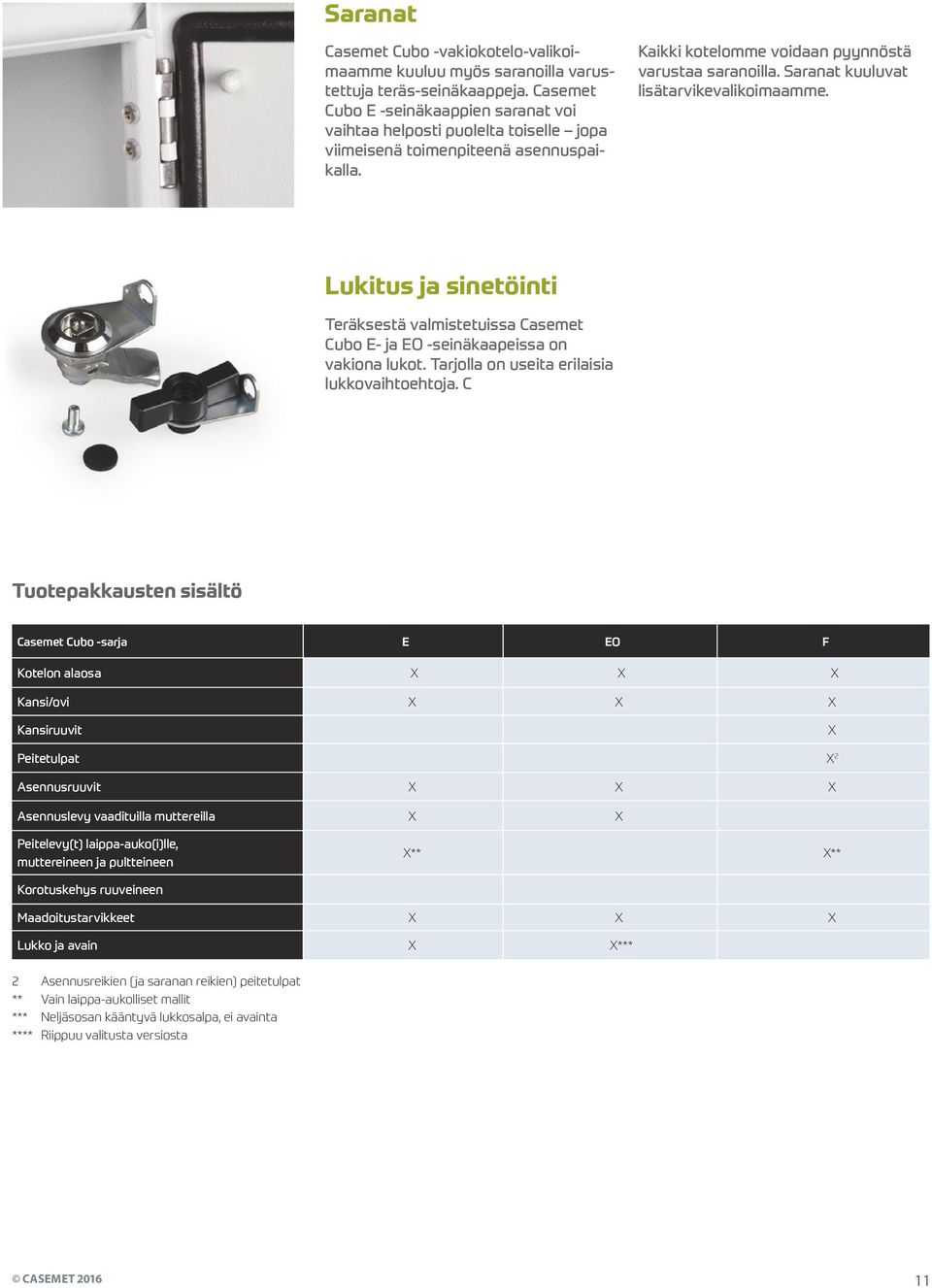 Saranat kuuluvat lisätarvikevalikoimaamme. Lukitus ja sinetöinti Teräksestä valmistetuissa Casemet Cubo E- ja EO -seinäkaapeissa on vakiona lukot. Tarjolla on useita erilaisia lukkovaihtoehtoja.