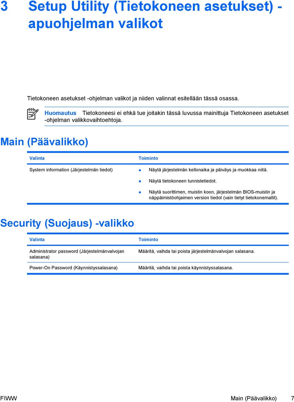 Main (Päävalikko) Valinta Toiminto System information (Järjestelmän tiedot) Näytä järjestelmän kellonaika ja päiväys ja muokkaa niitä. Näytä tietokoneen tunnistetiedot.