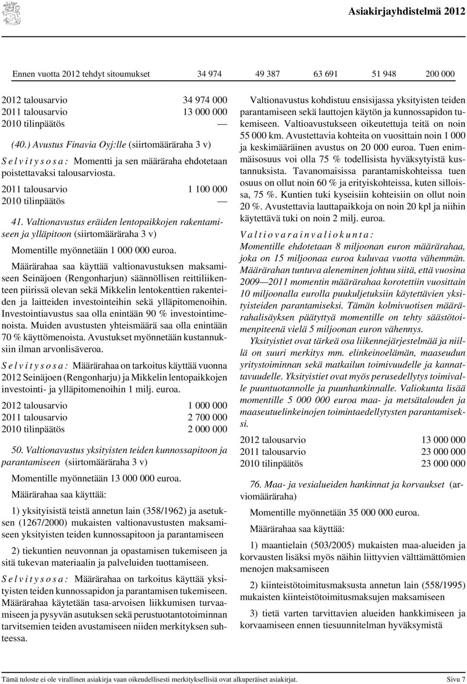 Valtionavustus eräiden lentopaikkojen rakentamiseen ja ylläpitoon (siirtomääräraha 3 v) Momentille myönnetään 1 000 000 euroa.