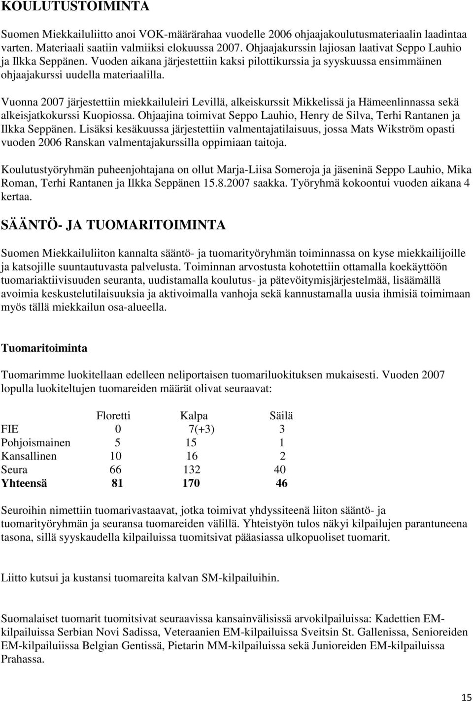 Vuonna 2007 järjestettiin miekkailuleiri Levillä, alkeiskurssit Mikkelissä ja Hämeenlinnassa sekä alkeisjatkokurssi Kuopiossa.