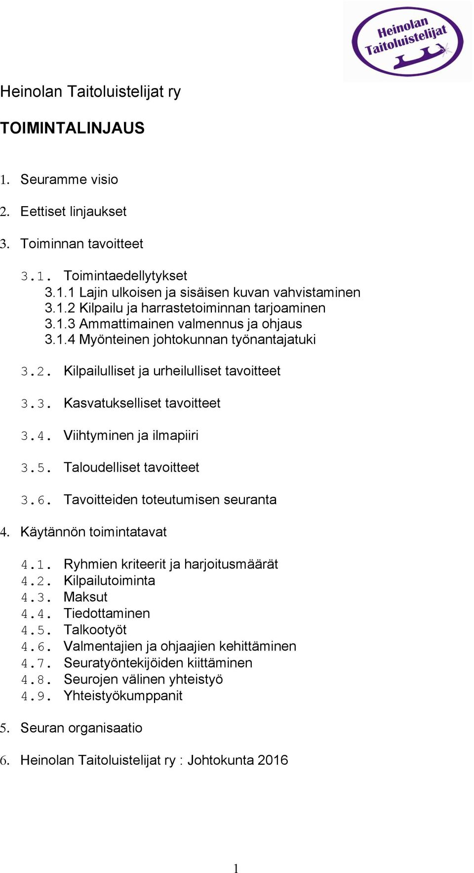 Taloudelliset tavoitteet 3.6. Tavoitteiden toteutumisen seuranta 4. Käytännön toimintatavat 4.1. Ryhmien kriteerit ja harjoitusmäärät 4.2. Kilpailutoiminta 4.3. Maksut 4.4. Tiedottaminen 4.5.