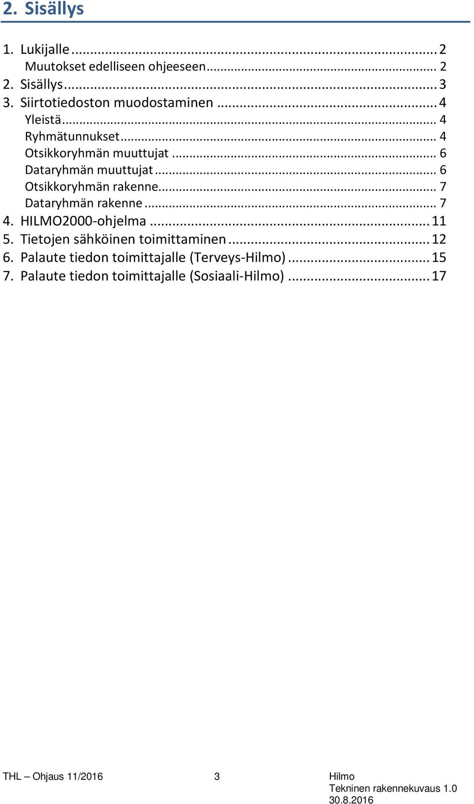 .. 7 Dataryhmän rakenne... 7 4. HILMO2000-ohjelma... 11 5. Tietojen sähköinen toimittaminen... 12 6.