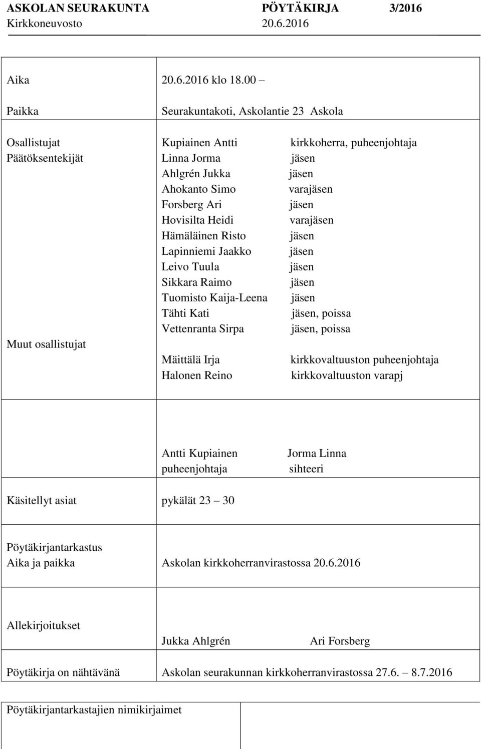 Risto Lapinniemi Jaakko Leivo Tuula Sikkara Raimo Tuomisto Kaija-Leena Tähti Kati Vettenranta Sirpa Mäittälä Irja Halonen Reino kirkkoherra, puheenjohtaja vara vara, poissa, poissa