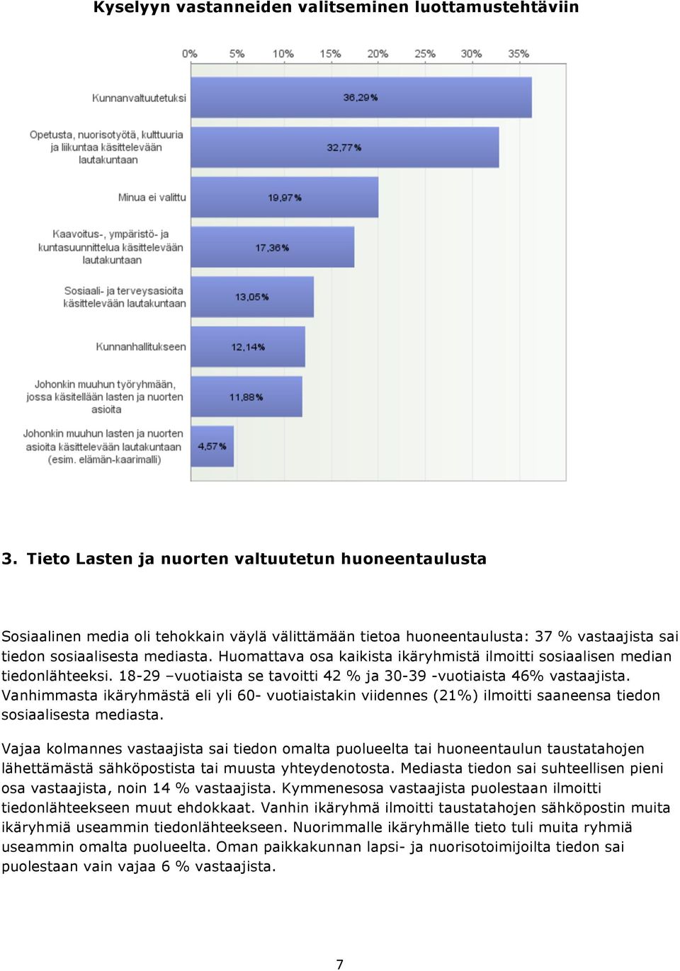 Huomattava osa kaikista ikäryhmistä ilmoitti sosiaalisen median tiedonlähteeksi. 18-29 vuotiaista se tavoitti 42 % ja 30-39 -vuotiaista 46% vastaajista.