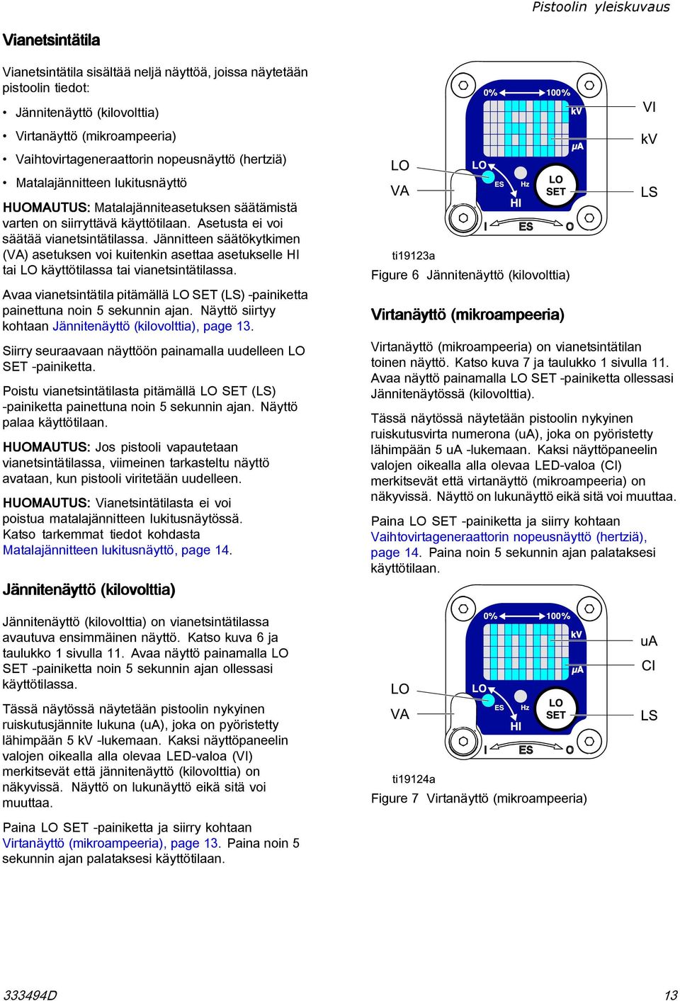 Jännitteen säätökytkimen (VA) asetuksen voi kuitenkin asettaa asetukselle HI tai LO käyttötilassa tai vianetsintätilassa.