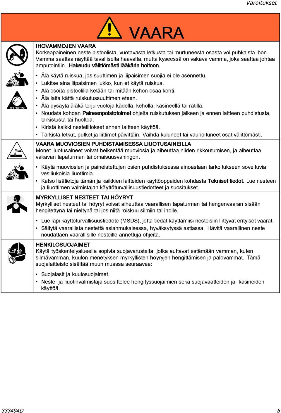Älä käytä ruiskua, jos suuttimen ja liipaisimen suojia ei ole asennettu. Lukitse aina liipaisimen lukko, kun et käytä ruiskua. Älä osoita pistoolilla ketään tai mitään kehon osaa kohti.