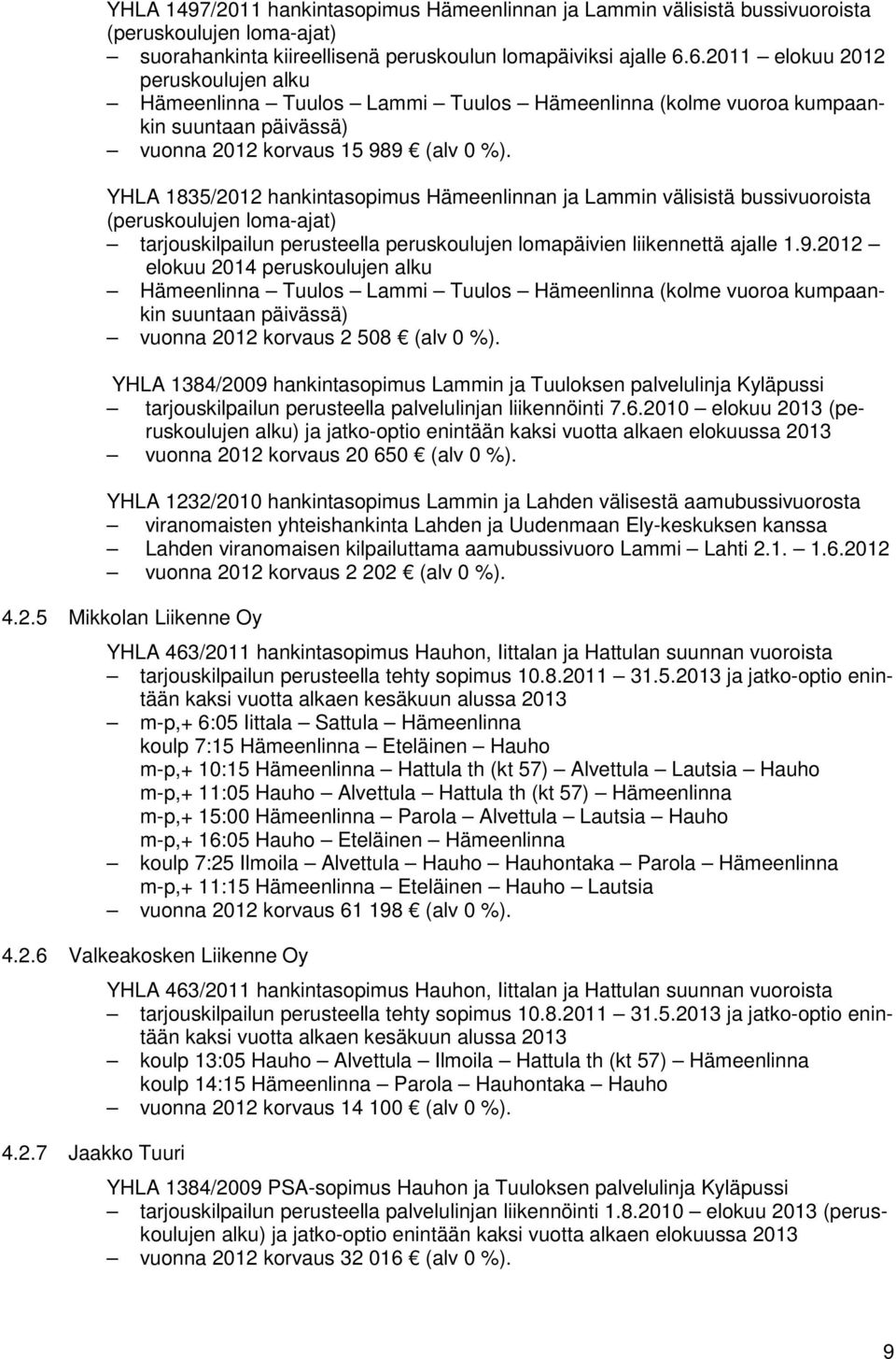 YHLA 1835/2012 hankintasopimus Hämeenlinnan ja Lammin välisistä bussivuoroista (peruskoulujen loma-ajat) tarjouskilpailun perusteella peruskoulujen lomapäivien liikennettä ajalle 1.9.